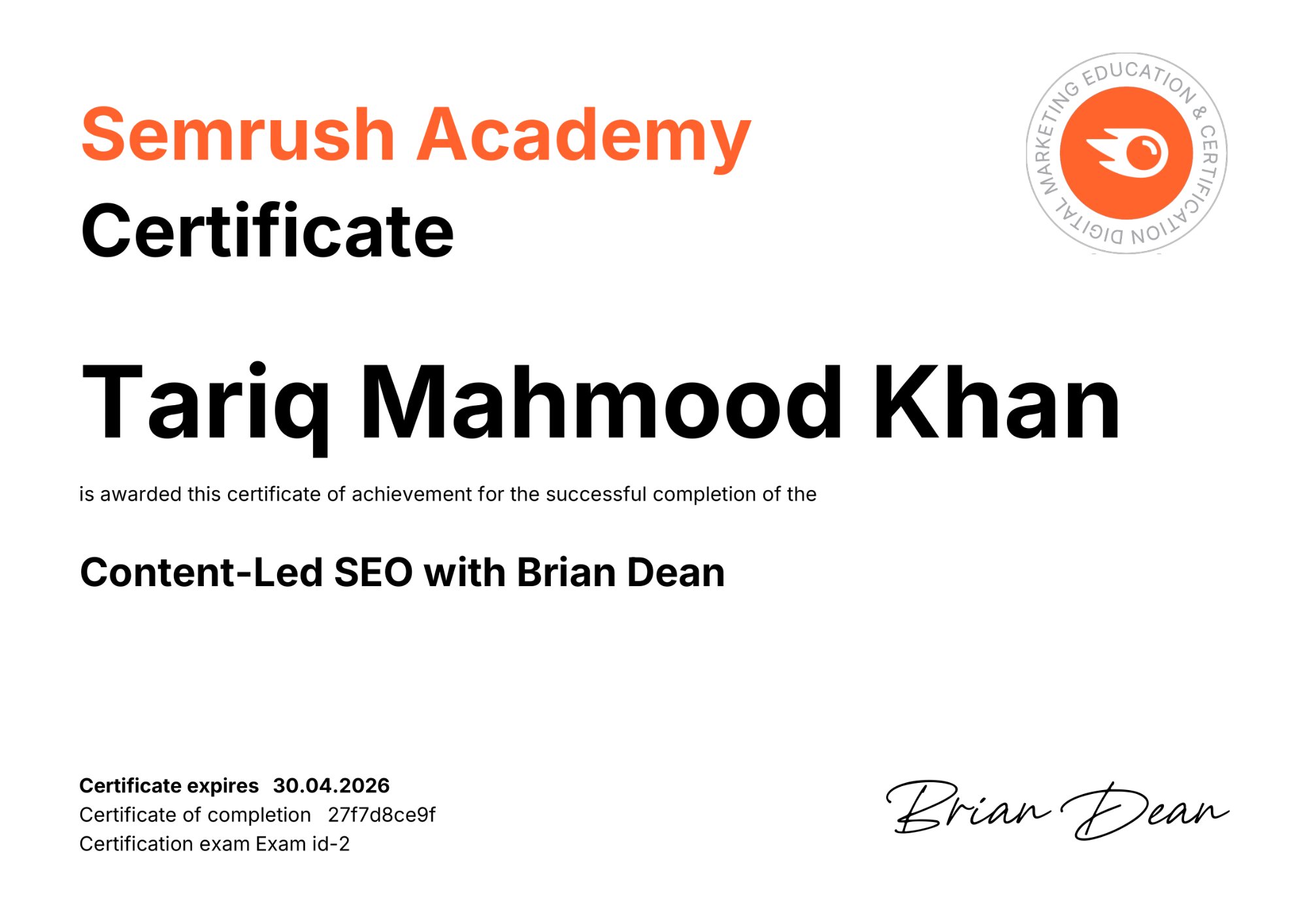 Content-Led SEO with Brian Dean Certificate